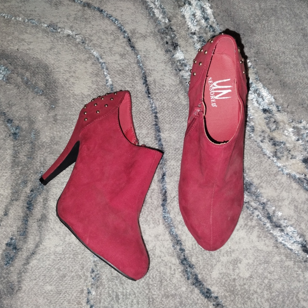 Red Studded Heels / Ankle Boots, Size 8